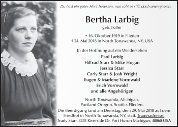 Traueranzeige von Bertha Larbig 