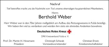 Traueranzeige von Berthold Weber 