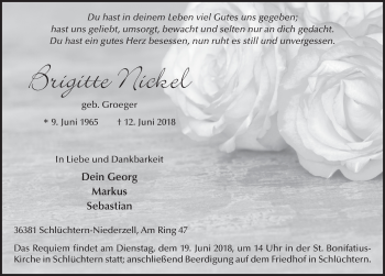 Traueranzeige von Brigitte Nickel 