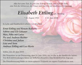 Traueranzeige von Elisabeth Ettling 