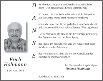 Traueranzeige von Erich Hohmann 