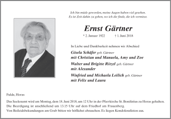 Traueranzeige von Ernst Gärtner 