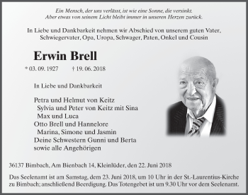 Traueranzeige von Erwin Brell 