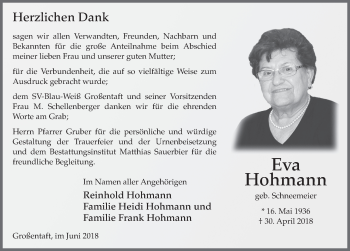 Traueranzeige von Eva Hohmann 