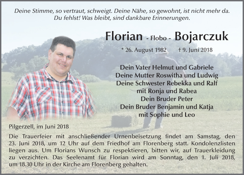  Traueranzeige für Florian Bojarczuk vom 19.06.2018 aus 