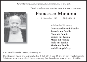 Traueranzeige von Francesco Muntoni 