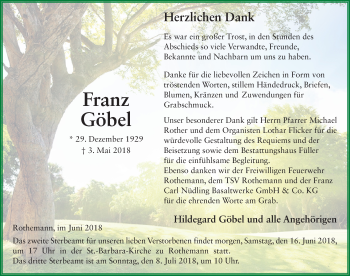 Traueranzeige von Franz Göbel 