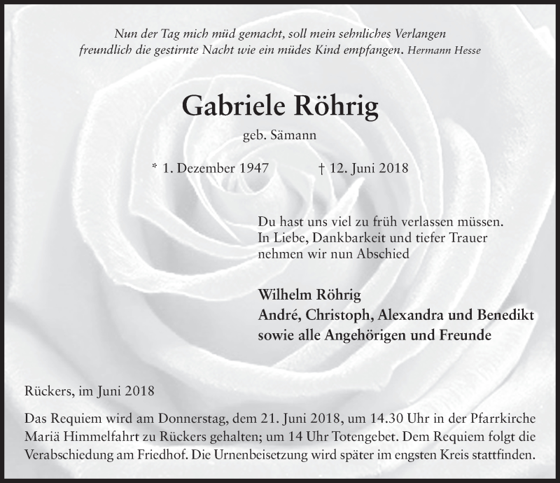  Traueranzeige für Gabriele Röhrig vom 18.06.2018 aus 