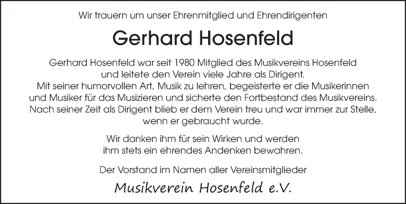  Traueranzeige für Gerhard Hosenfeld vom 05.06.2018 aus 