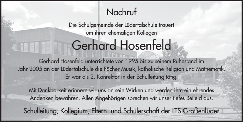  Traueranzeige für Gerhard Hosenfeld vom 05.06.2018 aus 