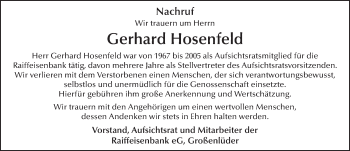 Traueranzeige von Gerhard Hosenfeld 