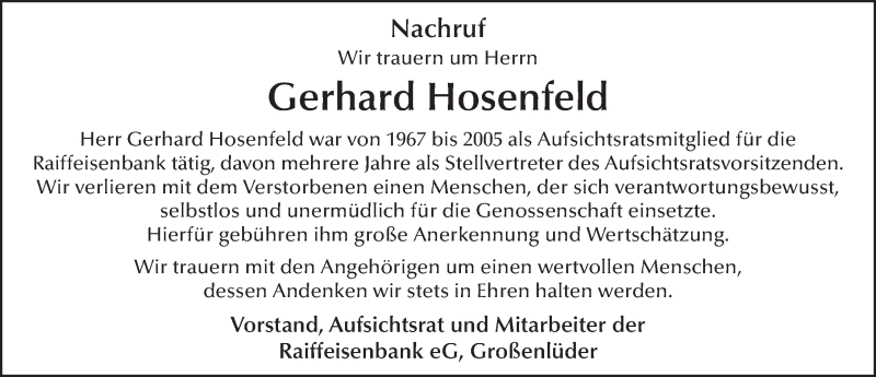  Traueranzeige für Gerhard Hosenfeld vom 05.06.2018 aus 