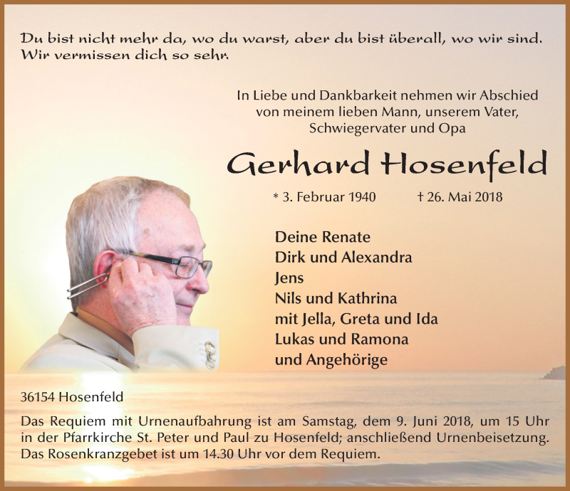  Traueranzeige für Gerhard Hosenfeld vom 05.06.2018 aus 