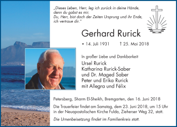Traueranzeige von Gerhard Rurick 