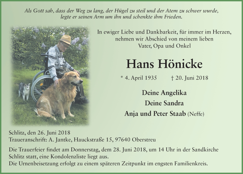  Traueranzeige für Hans Hönicke vom 26.06.2018 aus 