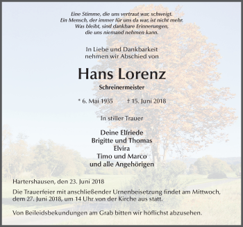 Traueranzeige von Hans Lorenz 