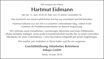 Traueranzeige von Hartmut Eidmann 