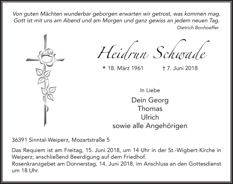  Traueranzeige für Heidrun Schwade vom 13.06.2018 aus 