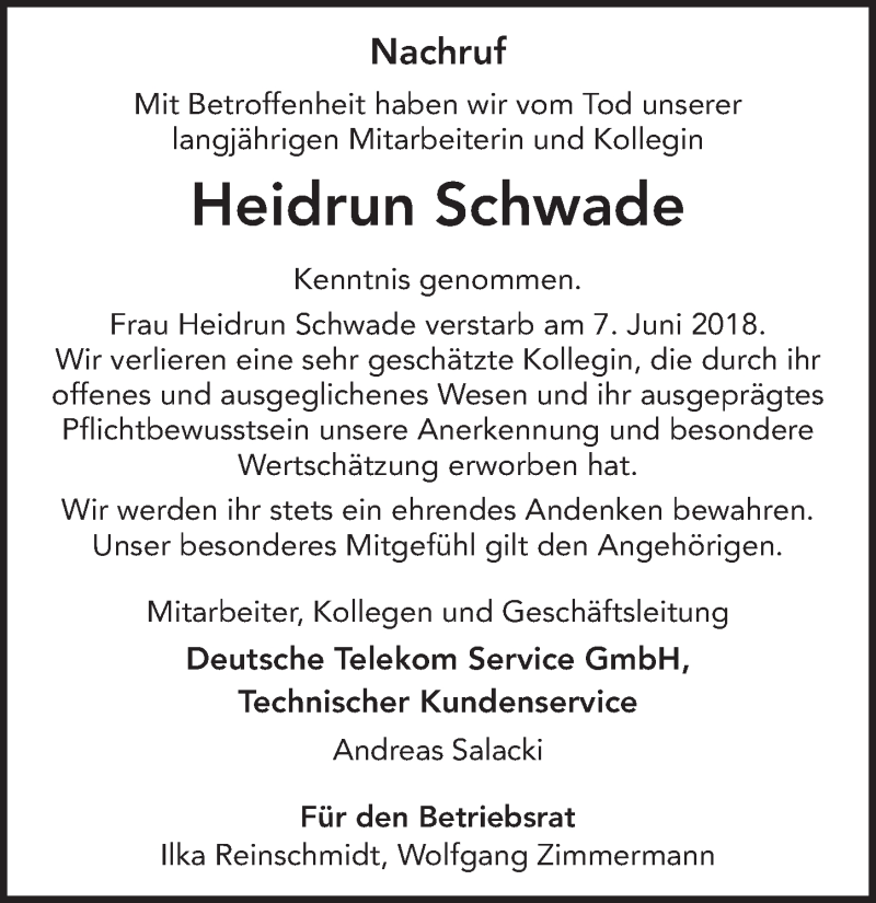  Traueranzeige für Heidrun Schwade vom 15.06.2018 aus 