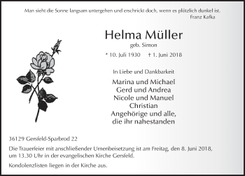 Traueranzeige von Helma Müller 