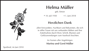 Traueranzeige von Helma Müller 