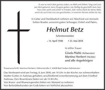 Traueranzeige von Helmut Betz 