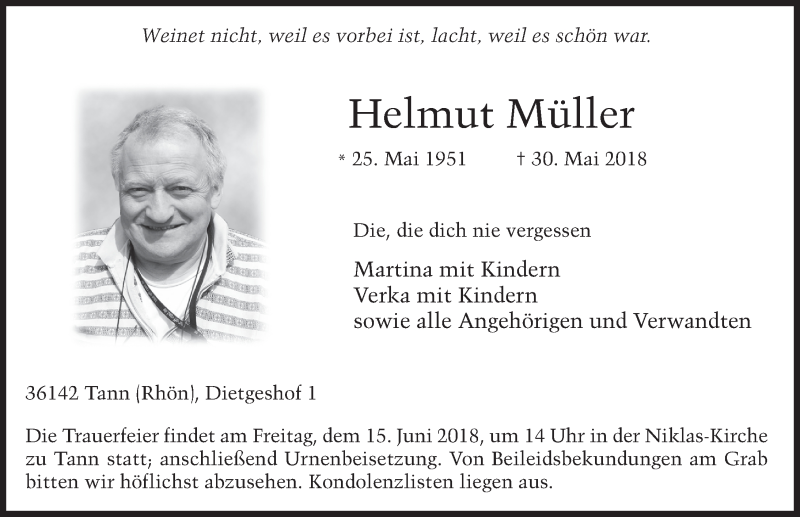  Traueranzeige für Helmut Müller vom 12.06.2018 aus 