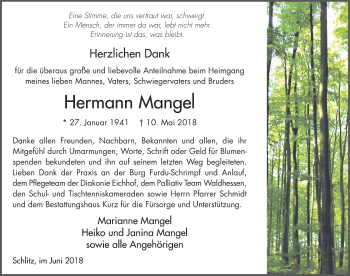 Traueranzeige von Hermann Mangel 