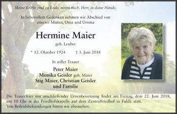 Traueranzeige von Hermine Maier 