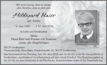 Traueranzeige von Hildegard Baier 