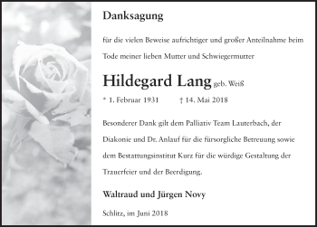 Traueranzeige von Hildegard Lang 
