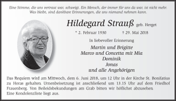 Traueranzeige von Hildegard Strauß 