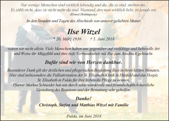 Traueranzeige von Ilse Witzel 