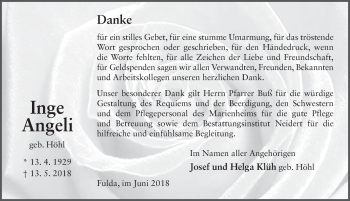 Traueranzeige von Inge Angeli 