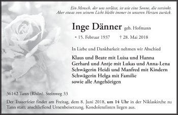 Traueranzeige von Inge Dänner 