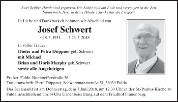 Traueranzeige von Josef Schwert 