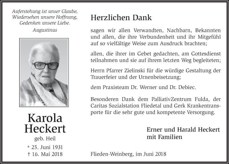  Traueranzeige für Karola Heckert vom 30.06.2018 aus 