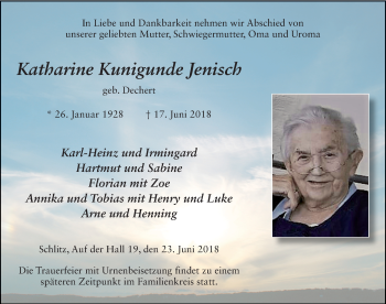 Traueranzeige von Katharine Kunigunde Jenisch 