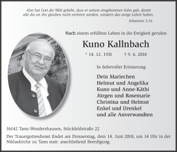 Traueranzeige von Kuno Kallnbach 
