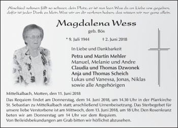 Traueranzeige von Magdalena Wess 