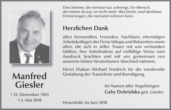 Traueranzeige von Manfred Giesler 