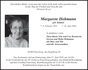 Traueranzeige von Margarete Hohmann 