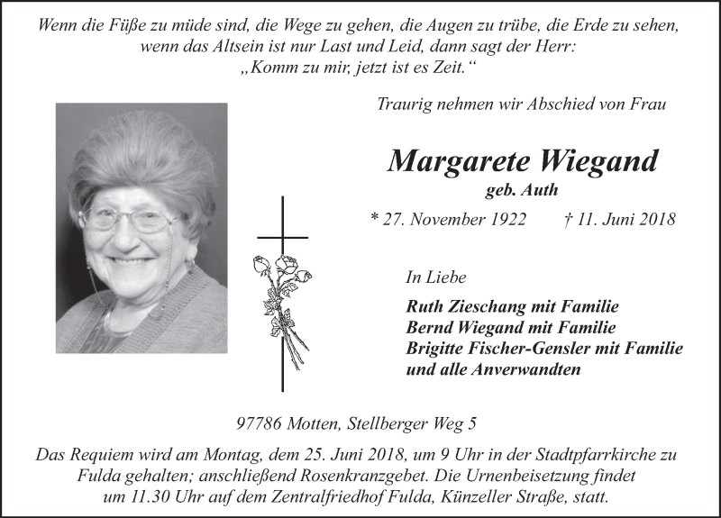  Traueranzeige für Margarete Wiegand vom 23.06.2018 aus 