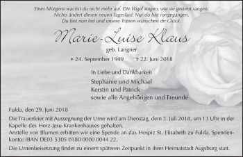 Traueranzeige von Marie-Luise Klaus 