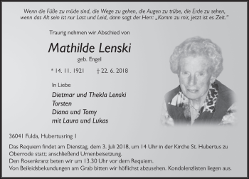 Traueranzeige von Mathilde Lenski 