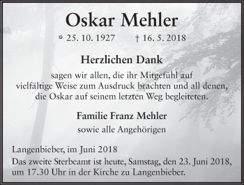 Traueranzeige von Oskar Mehler 