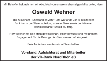 Traueranzeige von Oswald Wehner 