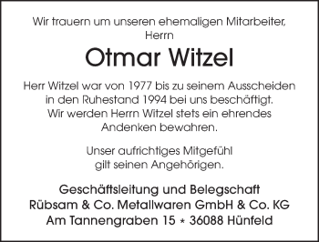 Traueranzeige von Otmar Witzel 