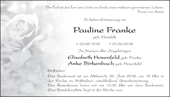 Traueranzeige von Pauline Franke 