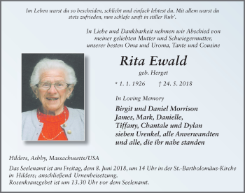 Traueranzeige von Rita Ewald 